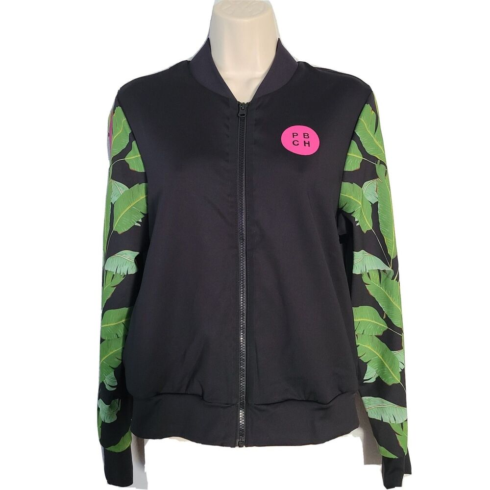Ultracor Soulcycle women Bomber Jacket PBCH black zipper palm leaves Sz XS new